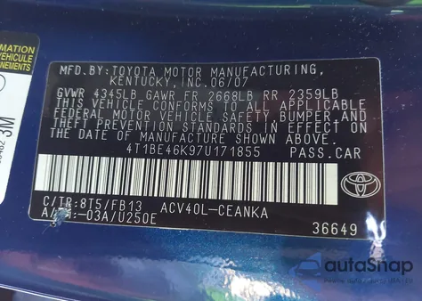 2007 Toyota Camry Le из США, поврежденный, VIN 4T1BE46K97U171855